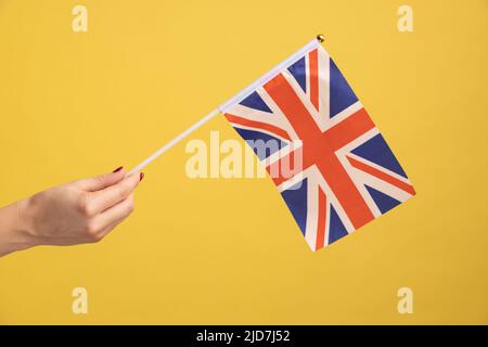 Profil Seitenansicht Nahaufnahme einer Frau, die die Flagge einer konstituierenden Einheit des Vereinigten Königreichs in der Hand hält. 4. Juni: Britischer Unabhängigkeitstag. Innenaufnahme des Studios isoliert auf gelbem Hintergrund. Stockfoto