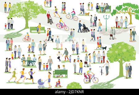 Familien und andere Menschen ruhen sich in der Freizeit im Park aus, Illustration Stock Vektor