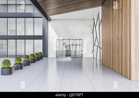 Moderne Eingangsgruppe des stilvollen Business-Centers im Freien mit Holzbänken, grünen Bäumen in schwarzen Bodenvasen und hölzernen Wanddekorationen. 3D Renderin Stockfoto