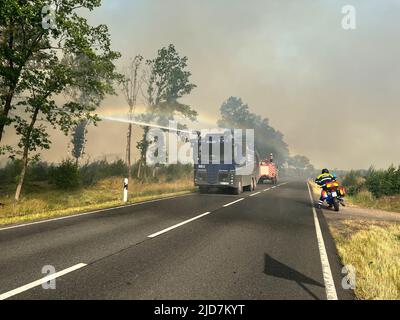 Treuenbrietzen, Deutschland. 19.. Juni 2022. Bei einem Waldbrand ist eine Polizeiwasserkanone im Einsatz. Das vom Waldbrand betroffene Gebiet in Treuenbrietzen bei Berlin hat sich in der Nacht auf Sonntag erweitert. Quelle: Thomas Schulz/TNN/dpa/Alamy Live News Stockfoto