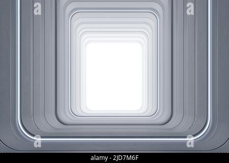 Abstrakter futuristischer Design-Tunnel aus silbernem Metall und hellem Lichtausgang am Ende. 3D Rendering Stockfoto