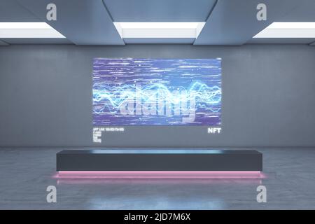 NFT-Konzept mit futuristischem Design der Ausstellung zeitgenössischer Kunst, digitales Bild an der Wand, dunkle Bank beleuchtet rosa Farbe auf Betonwand. 3D Stockfoto