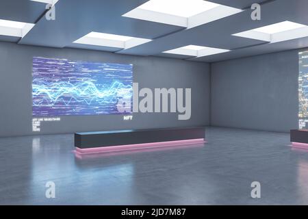 Seitenansicht auf digitales Kunstwerk und Bank beleuchtete rosa Farbe auf Betonwand in futuristischer Design-Galerie-Halle, NFT und modernes Kunstkonzept. 3D ren Stockfoto