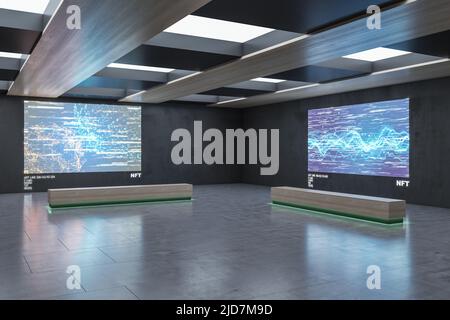 Moderne futuristische Design-Kunstgalerie mit NFT-Bildern an dunklen Wänden und Holzbänken in grüner Farbe. 3D Rendern Stockfoto