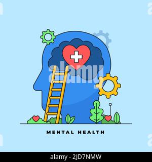 Psychische Gesundheit medizinische Psychologie Behandlung visuelles Konzept. Großer Kopf mit Liebe Herz im Gehirn auf fruchtbaren Land Vektor Illustration Stock Vektor