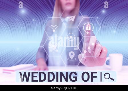 Textschild zeigt Hochzeit von. Wort für die Ankündigung, dass Mann und jetzt als Ehepaar Forever Lady in Anzug zeigt Finger nach oben symbolisieren Stockfoto
