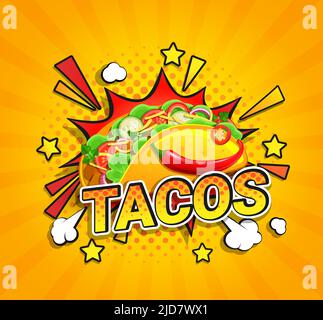 Tacos Flyer auf Sunburst Halbton Hintergrund. Stock Vektor