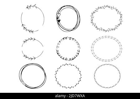 Setzen Sie Doodle Blumenrahmen, Rand Silhouette in Hand gezeichnet Comic-Stil isoliert auf weißem Hintergrund. Kranz Dekoration, zarte Clip Art. Vektor-Illustration Stock Vektor