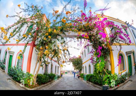 Februar 3 2022 Puerto de Mogan Kanarische Inseln Spanien eine Stadt voller enger Straßen mit rosa roten und orangen Blumen Gewölbe mit bunten Gebäuden mit Stockfoto