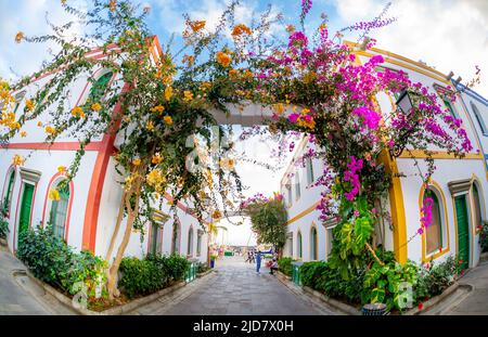 Februar 3 2022 Puerto de Mogan Kanarische Inseln Spanien eine Stadt voller enger Straßen mit rosa roten und orangen Blumen Gewölbe mit bunten Gebäuden mit Stockfoto