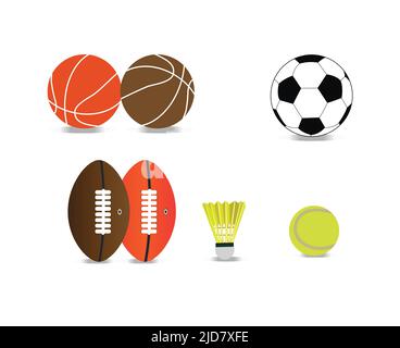 Sportball. Basketball-Fußball, Rugby-Ball und Shuttle-Kork, und Tennisball Stock Vektor