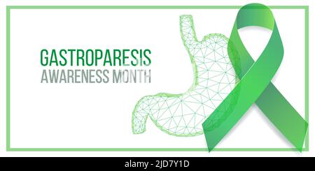 Konzept des „Gastroparese Awareness Month“. Banner-Vorlage mit niedrigem Poly Magen und grünem Band Bewusstsein. Vektorgrafik. Stock Vektor