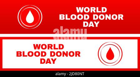 Konzept des Weltblutspendetages. Set aus zwei thematischen Bannern mit Text und leuchtendem, poly-weißem Blutstropfen auf rotem Hintergrund. Vektorgrafik Stock Vektor