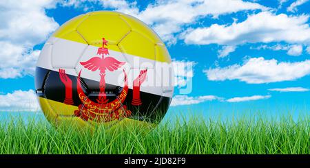 Fußball mit Bruneian-Flagge auf dem grünen Gras gegen blauen Himmel, 3D Rendering Stockfoto