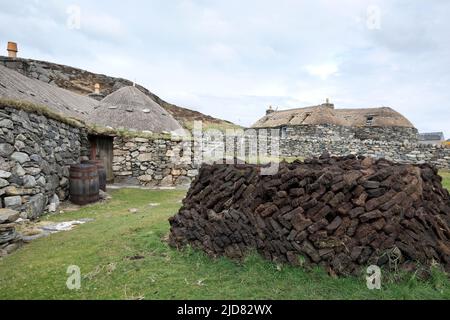 Blackhouses in Gearrannan bei Carloway, Isle of Lewis, Outer Hebrides, Schottland, Großbritannien Stockfoto