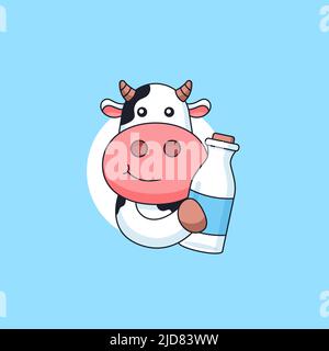 Nette Kuh hält frische Milch Flasche Tier Maskottchen Logo Cartoon Vektor Illustration Stock Vektor