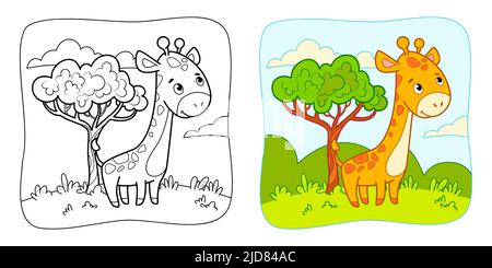 Malbuch oder Malseite für Kinder. Giraffe Vektor Illustration Cliparts. Natur Hintergrund. Stock Vektor