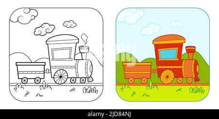 Malbuch oder Malseite für Kinder. Clipart zur Vektordarstellung des Zuges. Natur Hintergrund. Stock Vektor