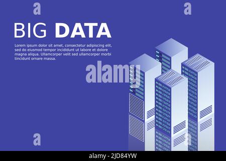Serverraum isometrisch, Cloud-Speicherdaten, Rechenzentrum, Big-Data-Verarbeitung und Computing-Technologie. Vektorgrafik Stock Vektor