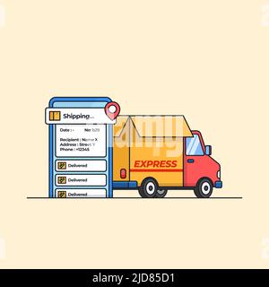 LKW-Auto mit Pappkarton und Standort-Tracker mobile App für moderne Express-Versand-Service Transport-Vektor-Illustration Stock Vektor