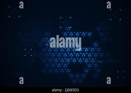 Abstrakte technologische dunkle Kulisse mit blau leuchtenden Dreiecken in der Mitte, Gier nach Landung. 3D Rendern Stockfoto