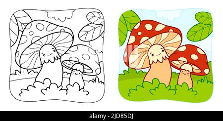 Malbuch oder Malseite für Kinder. Pilze Vektor Illustration Cliparts. Natur Hintergrund. Stock Vektor