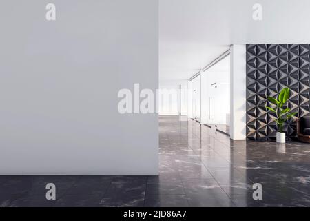 Weiße graue Wand mit Kopiefläche für Ihr Logo in geräumiger moderner Bürohalle mit dekorativen und gläsernen Wänden, Blume in weißem Topf und Marmorboden. 3D Stockfoto
