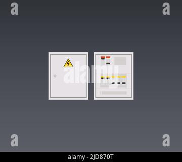 Leistungsschalter, Sicherungsvektor, Elektrokasten, Leistungsschalter Logo Design. Schalttafel, Schalter mit Drähten, elektrisches Messgerät im Box-Vektor-Design. Stock Vektor