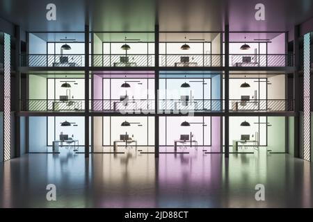 Vorderansicht des Bürogebäudes für Kunstprojekte mit komfortablen Arbeitsbereichen auf drei Etagen mit verschiedenen Wandfarben in geräumigem Bereich mit glänzendem C Stockfoto