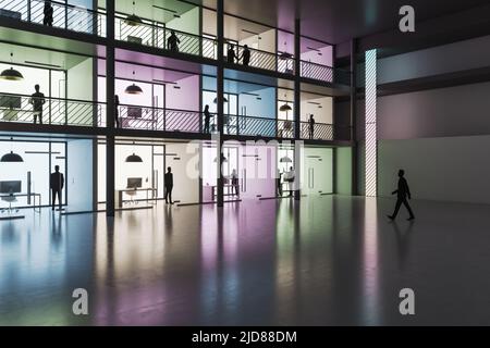 Perspektivischer Blick auf die Menschen im mehrstöckigen Showroom auf drei Etagen mit farbenfrohen Wänden und minimalistischen Arbeitsbereichen, die durch Trennwände i unterteilt sind Stockfoto