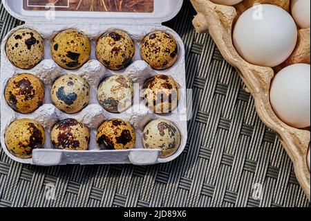 Schachtel mit frischen Wachteleiern mit gesprenkelter Schale mit Hühnereiern auf der rechten Seite. Stockfoto