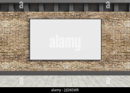 Blanker weißer Poster in schwarzem Rahmen mit Copyspace für Ihren Text oder Logo auf Backsteinwand im Freien. 3D Rendering, Mockup Stockfoto