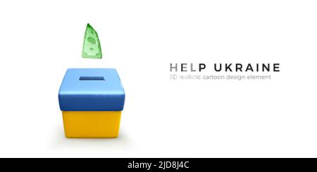 Fallen grüne Papier Dollar in Spende Box Farbe in der nationalen ukrainischen Flagge für Web-Banner. Spendenaktion für die Opfer des Krieges in der Ukraine. Vektor Stock Vektor