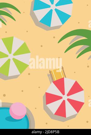 Blick von oben auf den Strand im Hintergrund. Helles, trendiges Design für Sommersaison, Urlaub, Reisen. Vektorgrafik im flachen Stil. Sonniger Sandstrand mit farbigen Stock Vektor