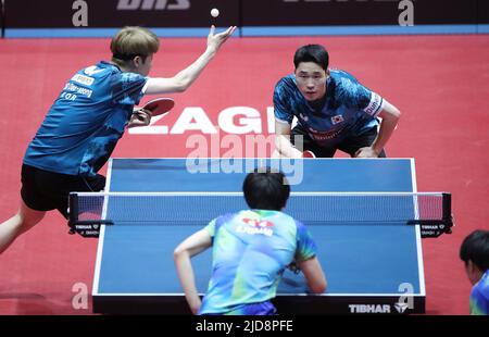 Zagreb, Kroatien. 19.. Juni 2022. ZAGREB, KROATIEN - 19. JUNI: JANG Woojin und CHO Daeseong aus Korea treten beim WTT Contender Zagreb 2022 Men's Doubles Final gegen UDA Yukiya und TOGAMI Shunsuke aus Japan am 19. Juni 2022 in der Dom Sportova Hall in Zagreb, Kroatien, gegeneinander an. Foto: Sanjin Strukic/PIXSELL Credit: Pixsell Foto- und Videoagentur/Alamy Live News Stockfoto