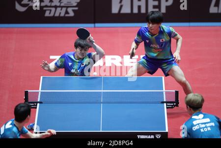 Zagreb, Kroatien. 19.. Juni 2022. ZAGREB, KROATIEN - 19. JUNI: UDA Yukiya und TOGAMI Shunsuke aus Japan treten beim WTT Contender Zagreb 2022 Men's Doubles Final gegen JANG Woojin und CHO Daeseong aus Korea am 19. Juni 2022 in der Dom Sportova Hall in Zagreb, Kroatien, gegeneinander an. Foto: Sanjin Strukic/PIXSELL Credit: Pixsell Foto- und Videoagentur/Alamy Live News Stockfoto