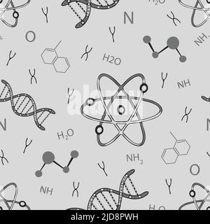 Nahtloses Vektormuster mit DNA und Atomen auf grauem Hintergrund. Einfache handgezeichnete Chemie Tapete Design. Dekorative Wissenschaft Mode Textil. Stock Vektor