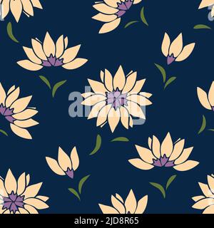 Nahtloses Vektor-Muster mit Blüten auf dunkelblauem Hintergrund. Einfache Gänseblümchen Garten Tapete Design. Dekorative florale Mode Textil. Stock Vektor