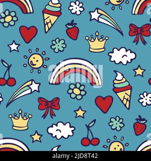 Nahtloses Vektor-Muster mit Sommer-Stickern auf blauem Hintergrund. Einfache Kinder Party Tapete Design. Dekoratives Regenbogen Abzeichen Mode Textil. Stock Vektor