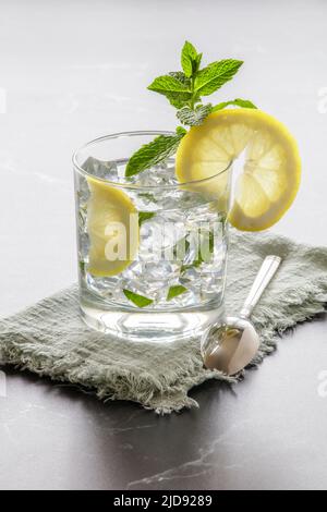 Erfrischendes Zitronenwasser mit Minze Stockfoto
