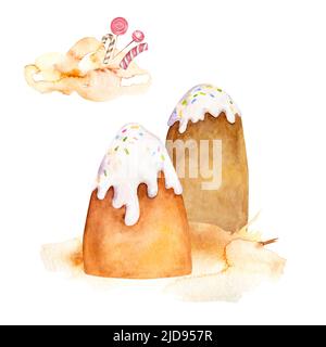 Wasserfarben Berge, Kuchen, Kuchen. Süßigkeiten, Süßigkeiten und Wolken. Clipart auf weißem Hintergrund Stockfoto