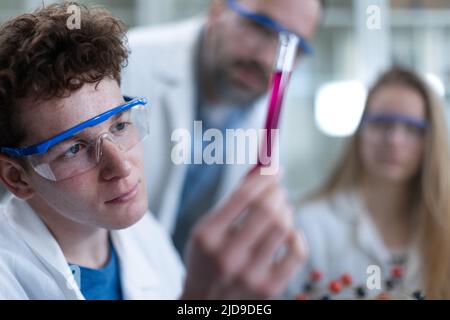 Wissenschaftliche Studenten mit Lehrer machen chemische Experimente im Labor an der Universität. Stockfoto