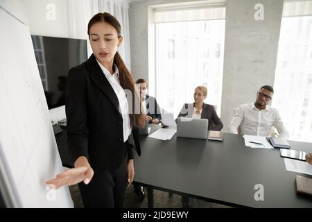 Die junge Moderatorin hält Geschäftspräsentation auf einem Flipchart Stockfoto