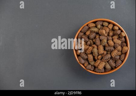 Hundefutter in einer braunen Tonschale vor grauem Hintergrund trocknen. Die Pellets sind oval mit gezackten Kanten. Futter für ältere Haustiere. Nützliche Tiernahrung Konz Stockfoto