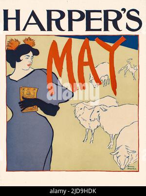 Eine Illustration der Wende des 20.. Jahrhunderts von Edward Penfield (1866-1925), die von vielen als Vater des amerikanischen Plakats angesehen wird. Mit einer jungen Frau in einem Feld von Schafen und Frühlingslämmern im Harper’s Magazine, dem ältesten Monat von allgemeinem Interesse in Amerika. Stockfoto