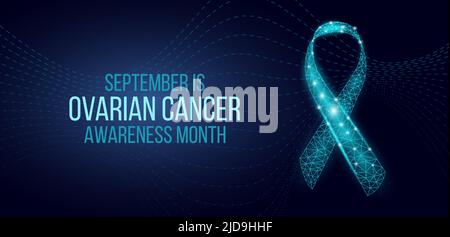 Konzept des Ovarian Cancer Awareness Day. Banner-Vorlage mit glühendem Low Poly. Futuristisch, modern, abstrakt. Isoliert auf dunklem Hintergrund. Vektorgrafik Stock Vektor