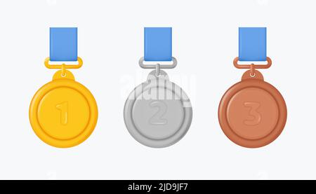 Satz von Gold-, Silber- und Bronzemedaillen für den ersten, zweiten und dritten Platz. Champion Award-Symbole. Vektorgrafik im Stil von minimal 3D Stock Vektor