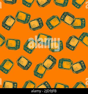 Retro-Fernseher mit gravierten nahtlosen Mustern. Vintage-Fernseher im handgezeichneten Stil. Vektor wiederholte Textur für Druck, Stoff, Verpackung, Tapete, Stock Vektor