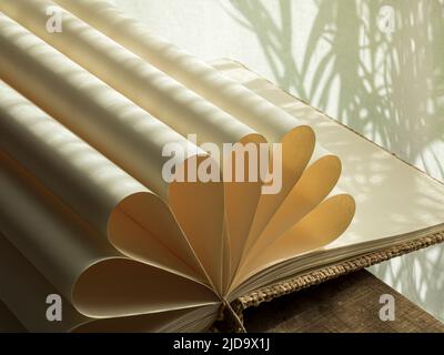 Buch mit leeren Seiten neben einem Fenster mit weißem Vorhang und dem Schatten einer Pflanze. Die Seiten des Buches sind gefaltet und bilden ein florales Design Stockfoto