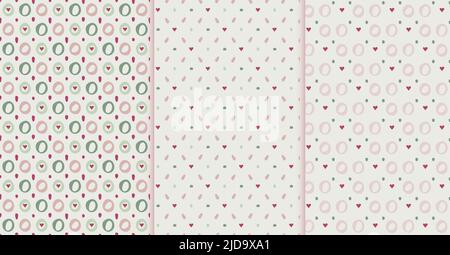 Baby nahtlose Muster, Set von 3. Handgezeichneter Doodle-Stil Kreis, Herz, Punktform. Diagonales, vertikales geometrisches Raster. Pastellgrün rosa Töne Stock Vektor
